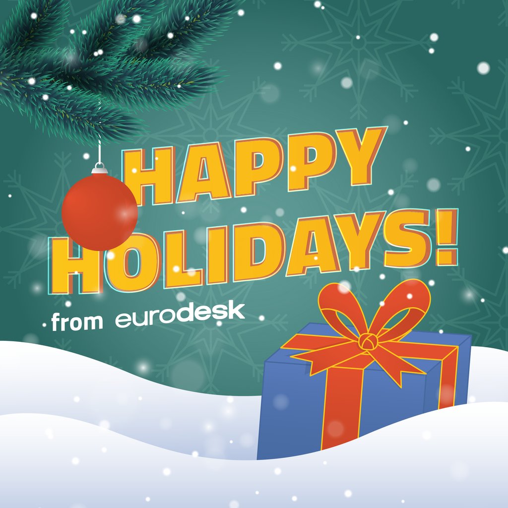 Eurodesk's tweet photo. HAPPY HOLIDAYS to everyone from Eurodesk 🎉💫
 
We are taking a break to enjoy the holidays and the office will be closed until the 4th of January.
 
Wishing you happy holidays!!! See you all next year 👋 with more stories and adventures! ✨🚀

#happyholidays #officeclose https://t.co/56RRABiHwE