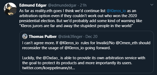 (14/X) Strong opinions on all sides are starting to be expressed. The debate will be heating up for sure!As Kleros unofficial Minister of Justice, I'm of course forbidden from expressing my personal point of view 