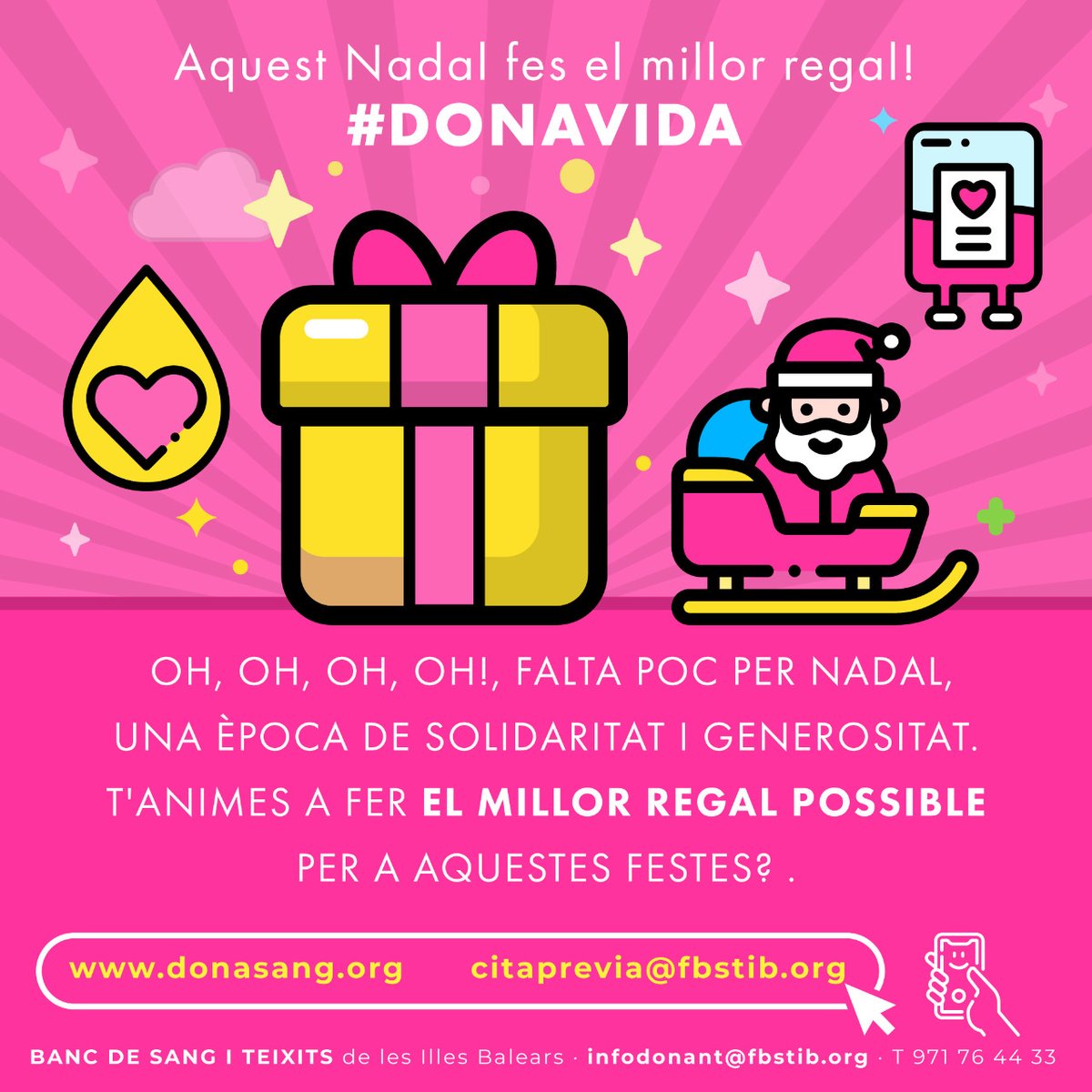 donasangbalears's tweet photo. 🎅 Oh, oh, oh, oh!, falta poc per Nadal, una època de solidaritat i generositat. T'animes a fer el millor regal 💖 possible per a aquestes festes? 💪💉 #DoNavida, #DonaSang, #BSTIB. 🌲
💟https://t.co/bK98XzsFkx
📧citaprevia@fbstib.org https://t.co/mTH3ayb6l6