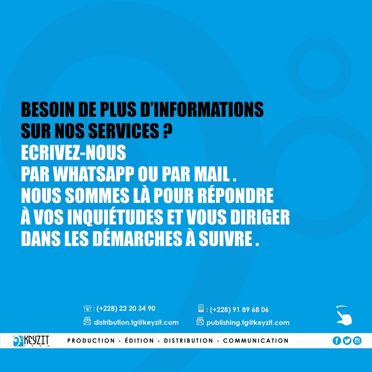 KeyzitTogo's tweet photo. Bonjour à tous !
Vous souhaitez distribuer votre musique?
N'hésitez pas à nous contacter au :
Tél : (+228) 22 20 34 90
Cel/Whatsapp : (+228) 91 89 68 06
Email : distribution.tg@keyzit.com
#KeyzitTogo #KeyzitDistribution #keyzilamajorafricaine https://t.co/76IC3lXDcB