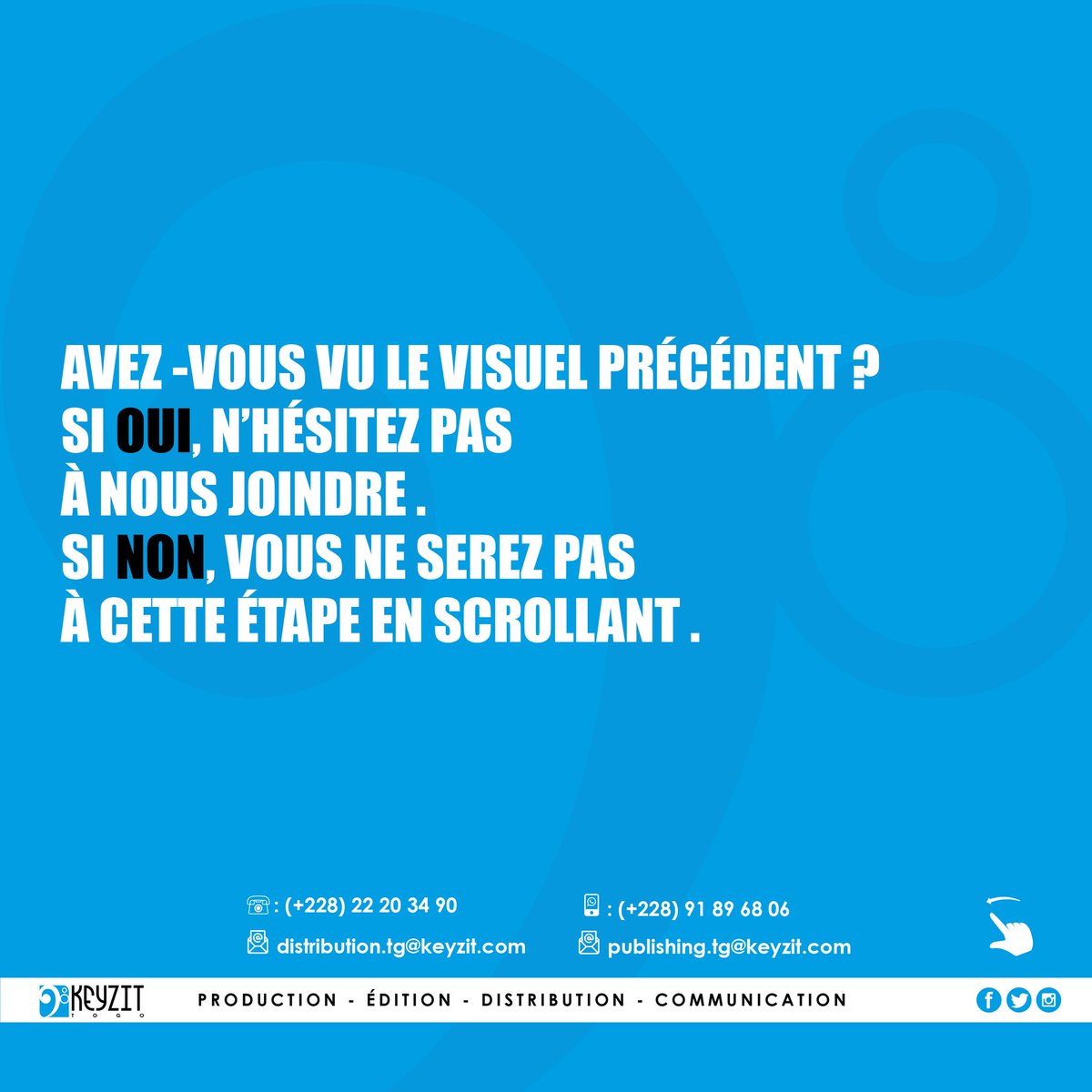 KeyzitTogo's tweet photo. Bonjour à tous !
Vous souhaitez distribuer votre musique?
N'hésitez pas à nous contacter au :
Tél : (+228) 22 20 34 90
Cel/Whatsapp : (+228) 91 89 68 06
Email : distribution.tg@keyzit.com
#KeyzitTogo #KeyzitDistribution #keyzilamajorafricaine https://t.co/76IC3lXDcB