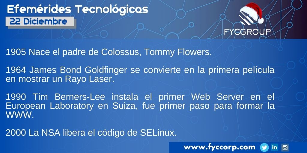 fycgroup's tweet photo. Tal día como hoy

#TalDíaComoHoy #UnDíaComoHoy #HistoriaTecnologica 
#EfemeridesDiciembre #Colossus #TommyFlowers #JamesBondGoldfinger #RayoLaser #WWW #TimBernersLee #EuropeanLaboratory #Recovery #SELinux #SoftwareTesting #TeleTrabajo #AtencionRemota #FycGroup #Fyccorp #FYC https://t.co/R37PQHlaOn