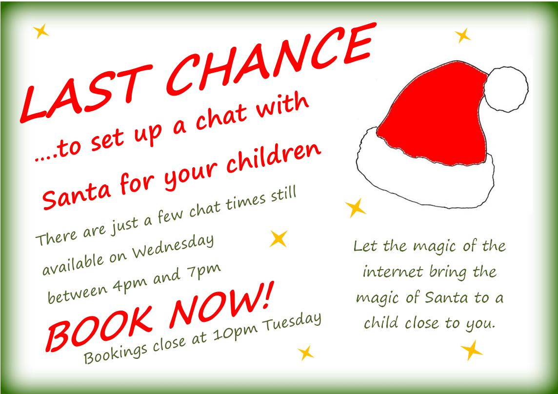 SRRotary's tweet image. YOUR LAST CHANCE to arrange a cosy chat with #Santa for your children or grandchildren from the safety of their own home. Only a few chat times still available on Wed, 4pm to 7pm. Bookings close 10pm Tuesday at:- southribblerotary.org.uk
Donations in aid of children's charities.