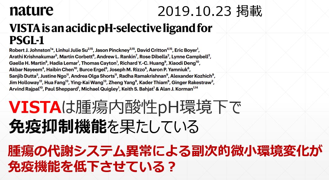 けむ 論文紹介 On Twitter Vistaは免疫チェックポイント標的だが 臨床試験での効果がイマイチ 更なるvista機構について検討した結果 腫瘍内酸性ph環境において機能することが分かった さらにpd 1抗体とvista抗体阻害によって抗腫瘍効果を発揮することも動物レベルで