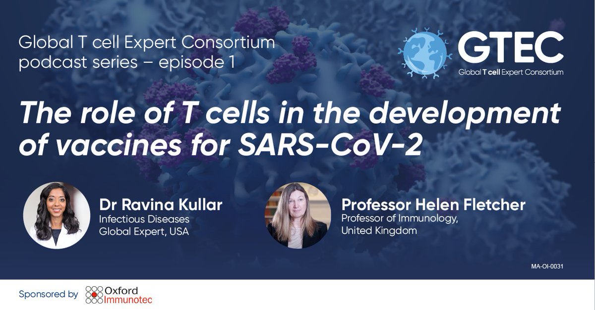 OxfordImmunoEUR's tweet photo. Join our experts Dr Ravina Kullar and Professor Helen Fletcher as they discuss T cells, immunity, and the role of T cell responses and assays in vaccine development. To listen to this podcast, visit: https://t.co/PlFHL31x3x
#tcells #immunology #tcelltesting #vaccines #sarscov2 https://t.co/6EN06kDtQy