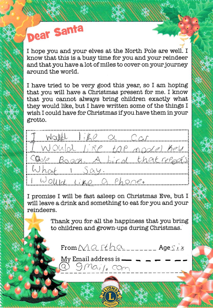 This is a Message from Santa:
Last night I got lots of lovely letters, but some children did not put down their email address so I will not be able to reply, which makes me very sad!

The standard letter is shown below!