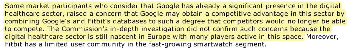 The decision concludes that Google would not obtain a competitive advantage in digital healthcare because “[the] sector is still nascent in Europe with many players active in this space.” 41/