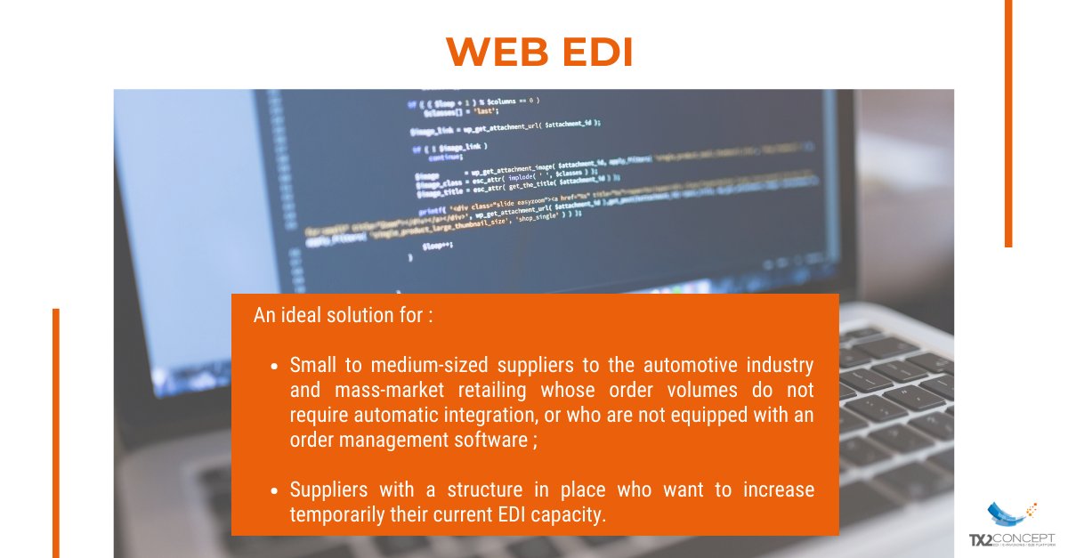 TX2CONCEPT's tweet image. #EDISOLUTION 💻 – Our solution #WEBEDI is simple to use, swift to implement and highly affordable. It allows you to receive orders from your customers, issue shipping notices and invoices in #EDI. Discover it right now ➡️ tx2.fr/en/our-solutio…  
#suppliers #automotive #retail