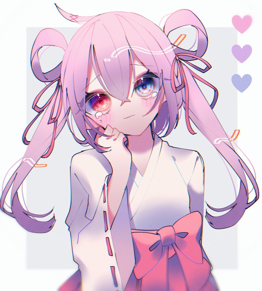 1girl japanese clothes heterochromia solo miko pink hair blue eyes  illustration images