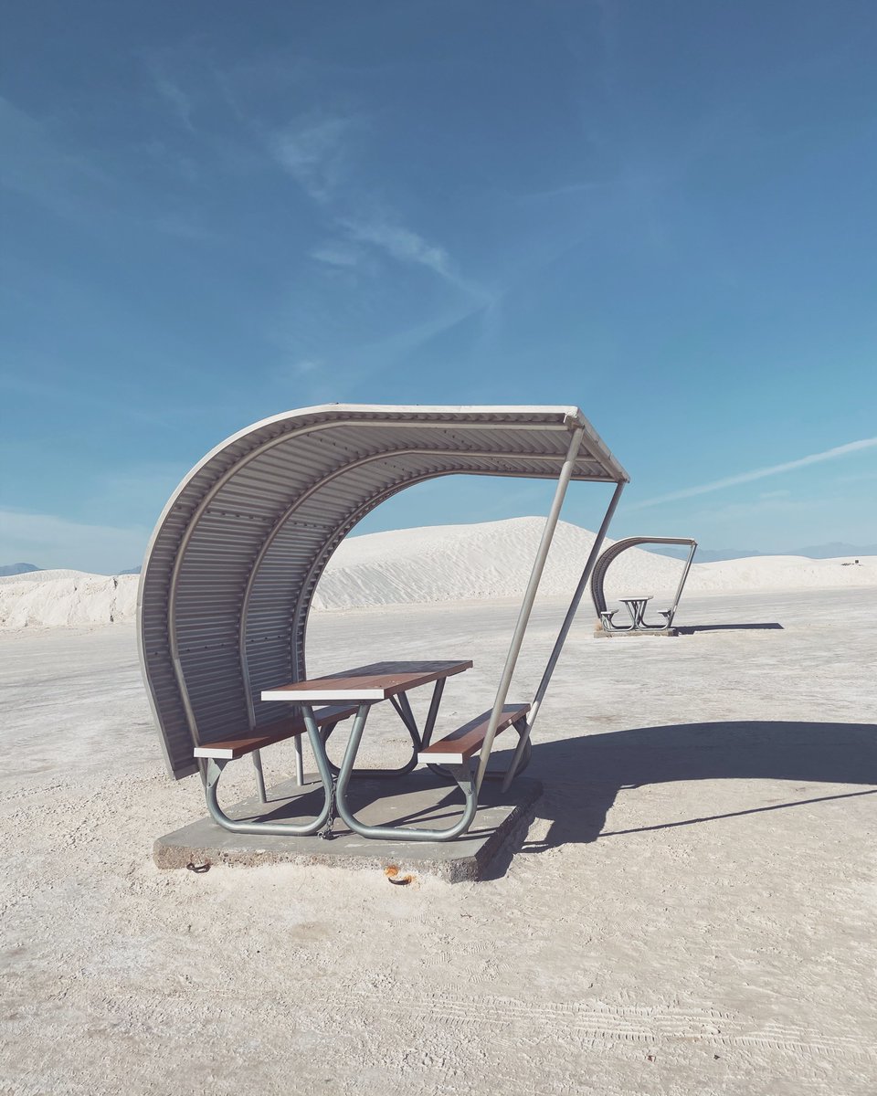 Eerie outdoor eating area at White Sands National Park, amongst the famous gypsum dunes.