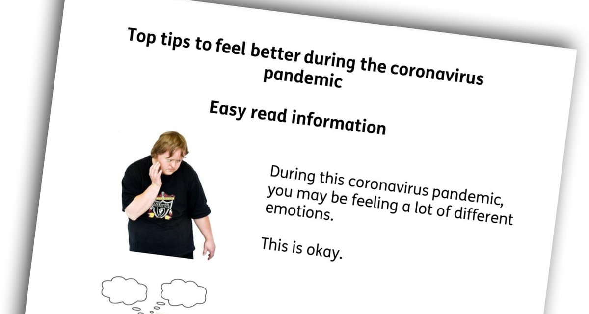 mencap_charity's tweet image. Having lots of different feelings right now? 😕☹️😟

This is okay. 💖 We all deal with things differently. 

We have created a new top tips #EasyRead guide 📄 with @MindCharity. 👋

It is about helping you feel your best 💙 during #COVID19.

Visit: bit.ly/TopTipsEasyRead 👈