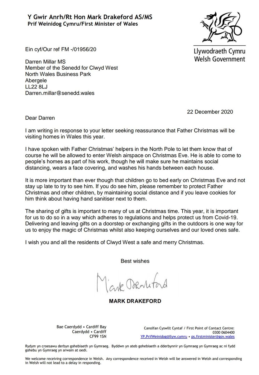 DarrenMillarMS's tweet image. 🎅🎄🏴󠁧󠁢󠁷󠁬󠁳󠁿 Earlier this month I wrote to @fmwales on behalf of children across Clwyd West to make sure that the coronavirus restrictions would not prevent Father Christmas visiting homes in Wales this year. This is a very reassuring reply. 👇 #Christmas #FatherChristmas #SantaClaus