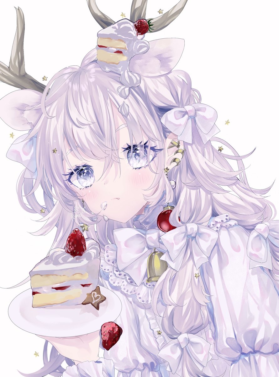 1girl food animal ears cake solo strawberry bow  illustration images