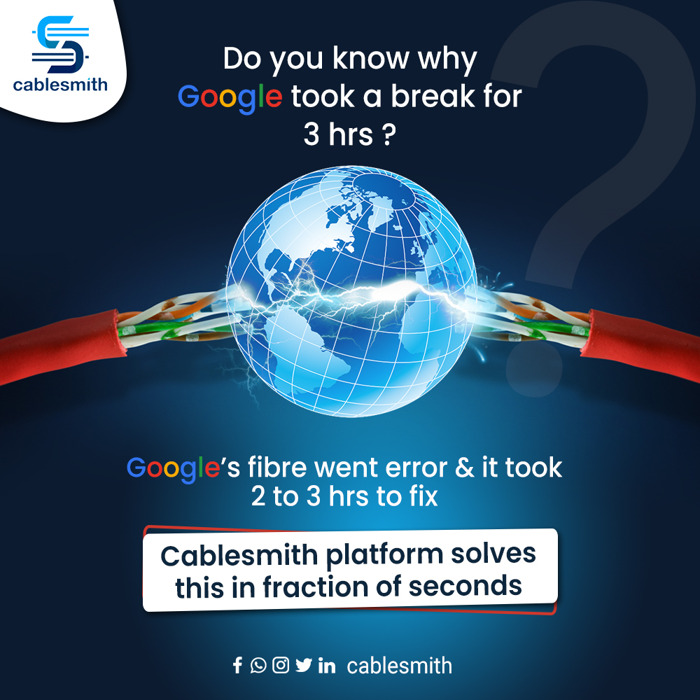 cablesmithindia's tweet photo. Google's Network Outage due to fiber issues took 3 hours for rectification. Cablesmith platform solves fiber errors within  fraction of seconds.
Log on to https://t.co/dTjrYtIbZy
#cablesmith #opticalfibre #cabledocking #telecomunication #troubleshootopticalfibre https://t.co/9KyBuHVb4i