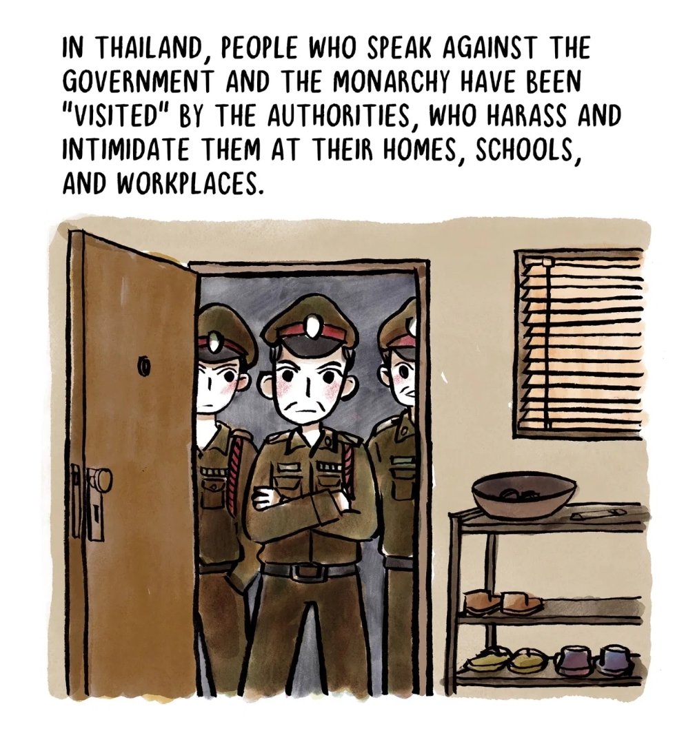在泰國，對政府和國王表達異議的人會有警方來「探訪」，在他們的家，學校，公司到威脅人。
