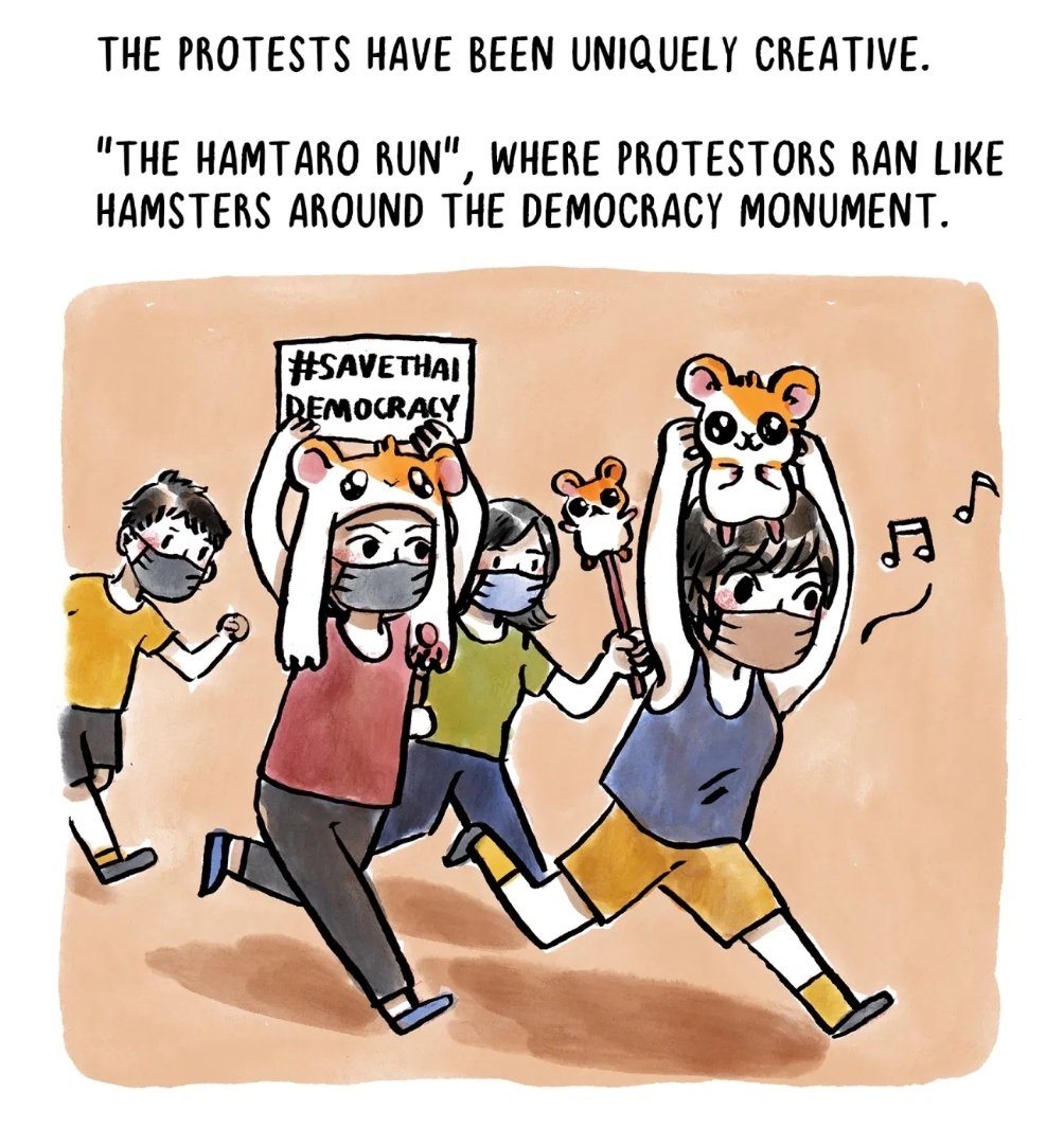 泰國的示威又獨特又有創意。有「Hamtaro跑步」；示威者一齊係民主紀念碑跑圈，又有「人民遊行」；嗰個一齊跟變裝皇后讀行。