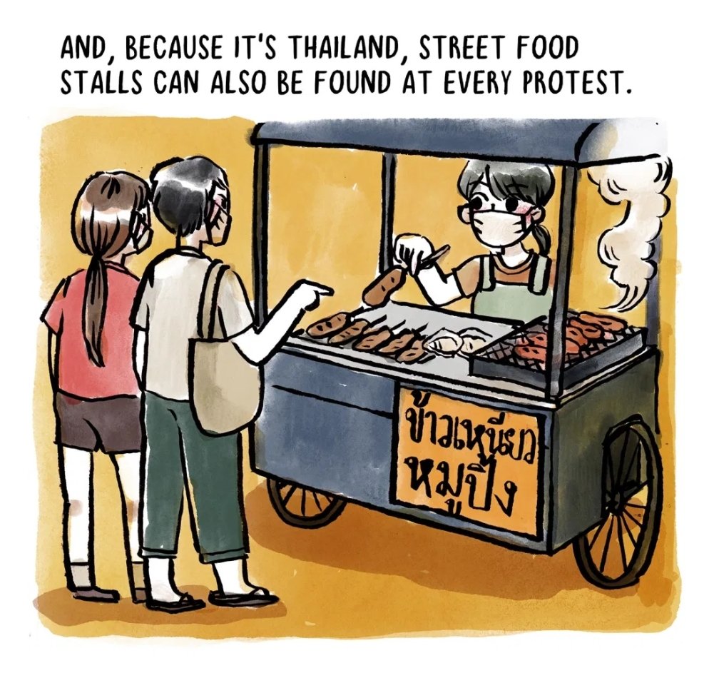 仲有，因為呢到係泰國，每個示威都有街邊小食檔！政府及國王沒有我們對示威的樂趣感。十月十六日上，泰國政府公報緊急法，第一次用水砲車噴籃色催淚水。不過，這樣做是政府的錯誤，因為然後有更加人出來示威。