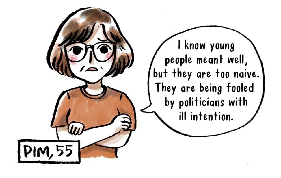 55歲的Pim說，「我知年青人心係好既，但係佢地太天真啦。佢地被政治家利用。」60歲的Oun說，「我地對住COVID19同埋經濟危機，而家唔係一個好時間去改變。佢地害緊泰國。」多數老人家看主流媒體，但主流媒體很少報道真相。