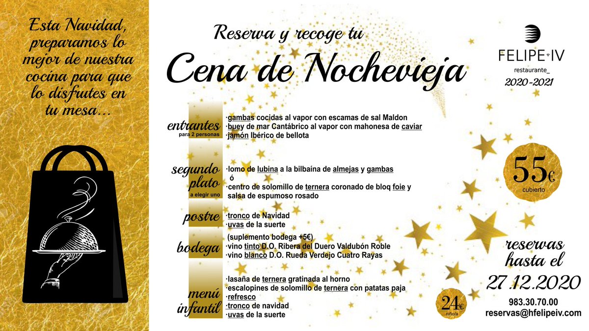 HotelFelipeIV's tweet photo. ¿Te lo vas a perder? Ya hemos presentado nuestro menú especial de Nochevieja y de Año Nuevo, este año disfruta más que nunca de la compañía de los tuyos con nuestra cocina en tu mesa, contacta con nosotros y reserva ya ☺️ #HotelFelipeIV #navidad2020 #Valladolid https://t.co/r2lj7DdWll