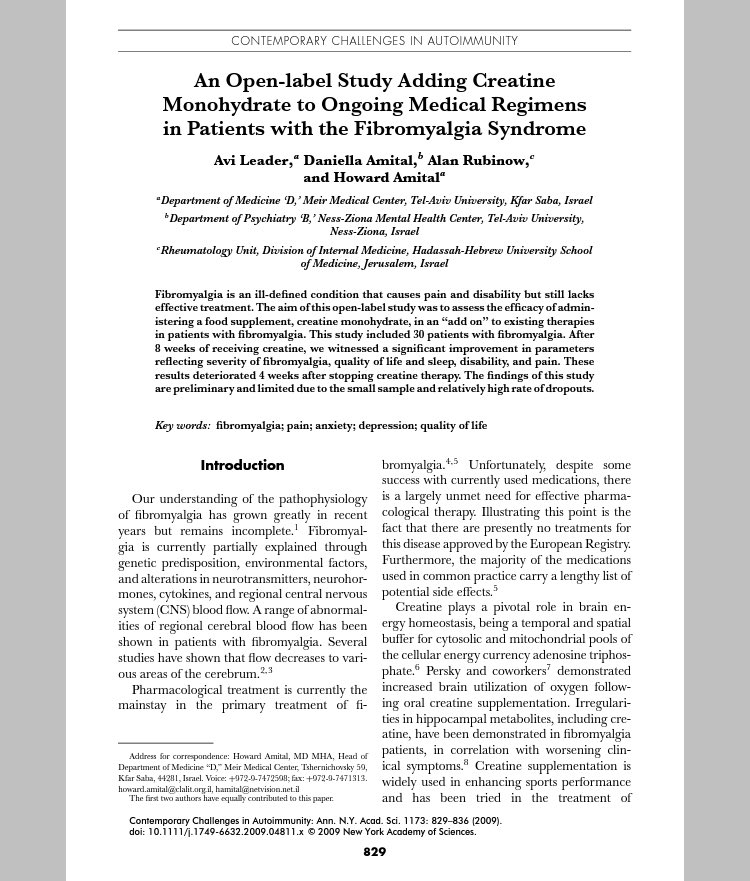 Now we add  #creatine monohydrate. First was Leader 2009 with an open-label study adding creatine to current therapy in fibromyalgia. “An Open-label Study Adding Creatine Monohydrate to Ongoing Medical Regimens in Patients with the Fibromyalgia Syndrome”