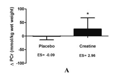 Muscle PCr content was measured by 31P-MRS. Muscle PCr content increased by 80.3% in the Cr group compared to -2.7% in the control. Apparently 8-13% is a normal increase in healthy adults.