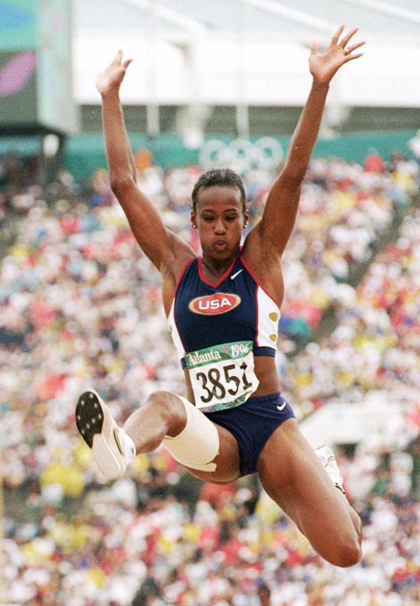 #152In 1996, Jackie Joyner-Kersee aggravated a hamstring tear in the first event of the Heptathlon and thus had to withdraw She did compete in the long jump, but before her final jump, she was 6th- that changed as she leaped 7.00m to win  and cap off an illustrious career