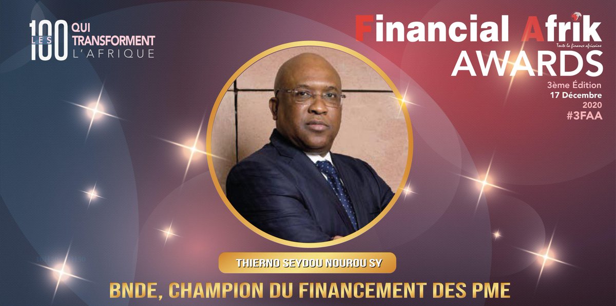 BNDESENEGAL's tweet photo. La BNDE, Champion du Financement des PME.
Un prix décerné par les Financial Afrik Awards, ce Jeudi 17 décembre, à Mr. Thierno Seydou Nourou Sy, Directeur Général. La BNDE a fait passer son total bilan de 30 Mds à plus de 220 Mds. #3FAA https://t.co/WC6VE4uUi9