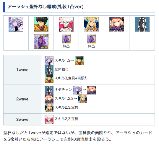 Fgo攻略班 Appmedia アーラシュ カルナ6積み編成 アーラシュで1waveを突破する編成です 動画では凸礼装ですが アーラシュ以外は無凸 Mp30 礼装 でokです 礼装が凸になったら キャストリアのスキル2とカルナのスキル3を節約できます 動画では無