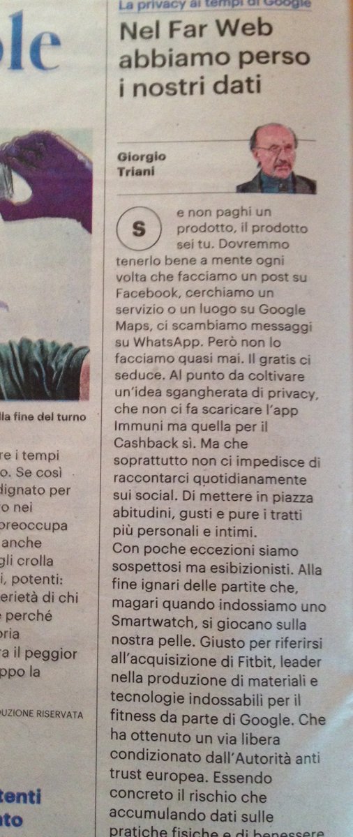 giorgiotriani's tweet image. Un mio commento oggi #QuotidianoNazionale  sul #FarWeb La #EU ha dato via libera all&apos;acquisto di #Fitbit da parte di #Google. Dati sensibili perché relativi alle nostre pratiche fisiche/sportive, dunque alla nostra salute, sono a rischio di sfruttamento (non solo) pubblicitario?