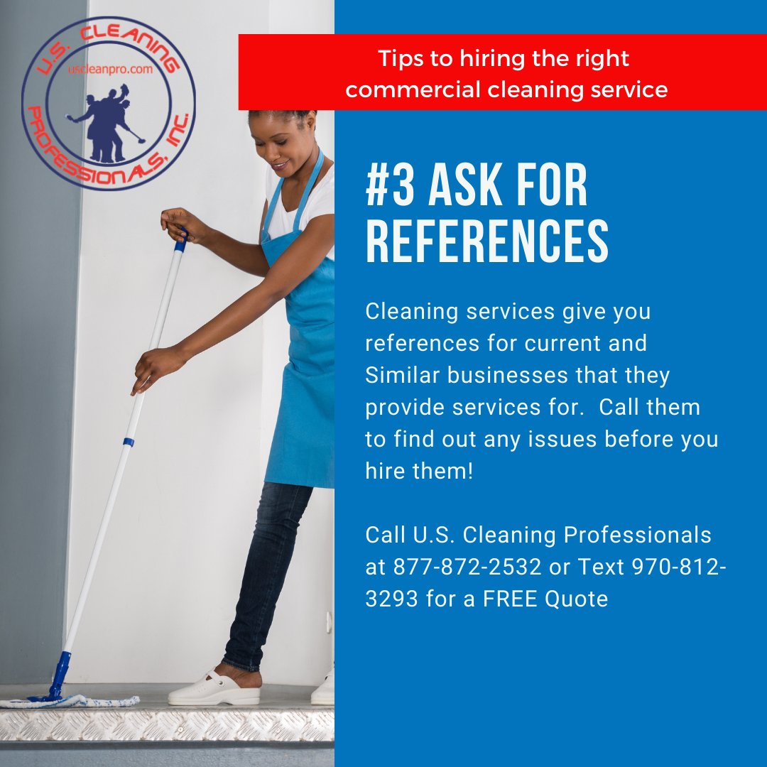 uscleanpro's tweet photo. #3 Tips to hiring the right commercial cleaning service.  Call U.S. Cleaning Professionals at 877-872-2532 or Text 970-812-3293 for a FREE Quote https://t.co/2iLkVAC8f6