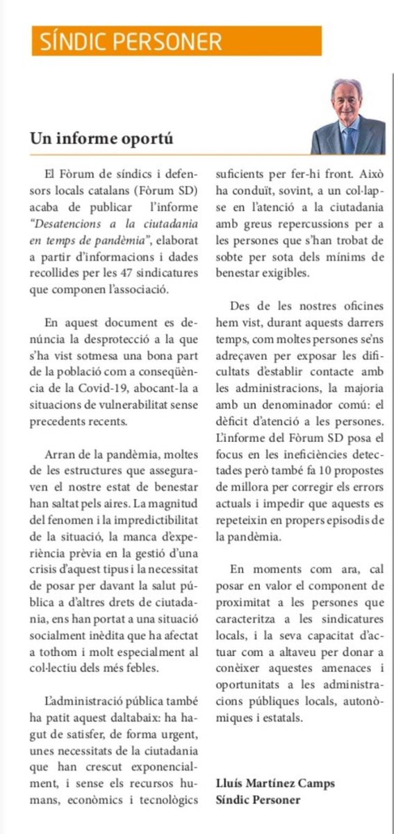 El meu article d'aquest mes al #4Cantons fa referència al darrer informe del <a href="/ForumSDCat/">Fòrum de Síndics</a> sobre les desatencions a la ciutadania en temps de #pandemia.