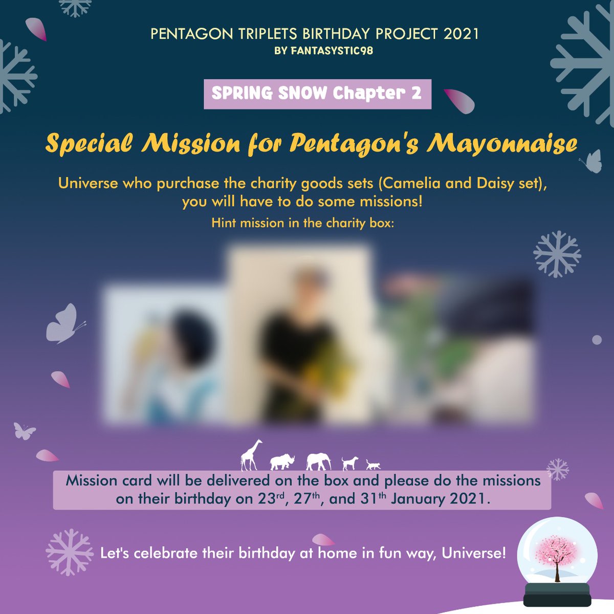 ❗SPECIAL MISSION ❗

Universe who purchase the Camellia or Daisy set will be given mission card! 💙

Can you guess what are the missions based on this hint?👀

Make sure to get yours and lets celebrate their birthday in fun way at 🏠

#SpringSnowChapter2
#Pentagon #펜타곤