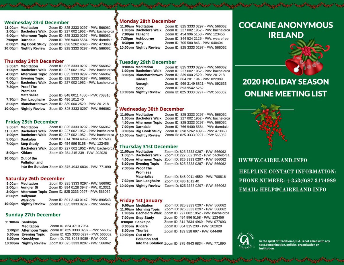 local_task's tweet photo. Cocaine Anonymous CA meetings over the Christmas period: https://t.co/USCYSz9jtt