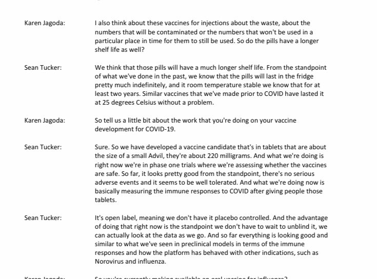 Vaxart’s CSO just shared some exciting details on a bio podcast:1. P1 trial is complete, no serious adverse events, well tolerated; now reviewing immune data.2. Tablets are Advil-sized, very cheap and quick to mass produce.3. Hinted at possibility of a combined P2/3 trial.