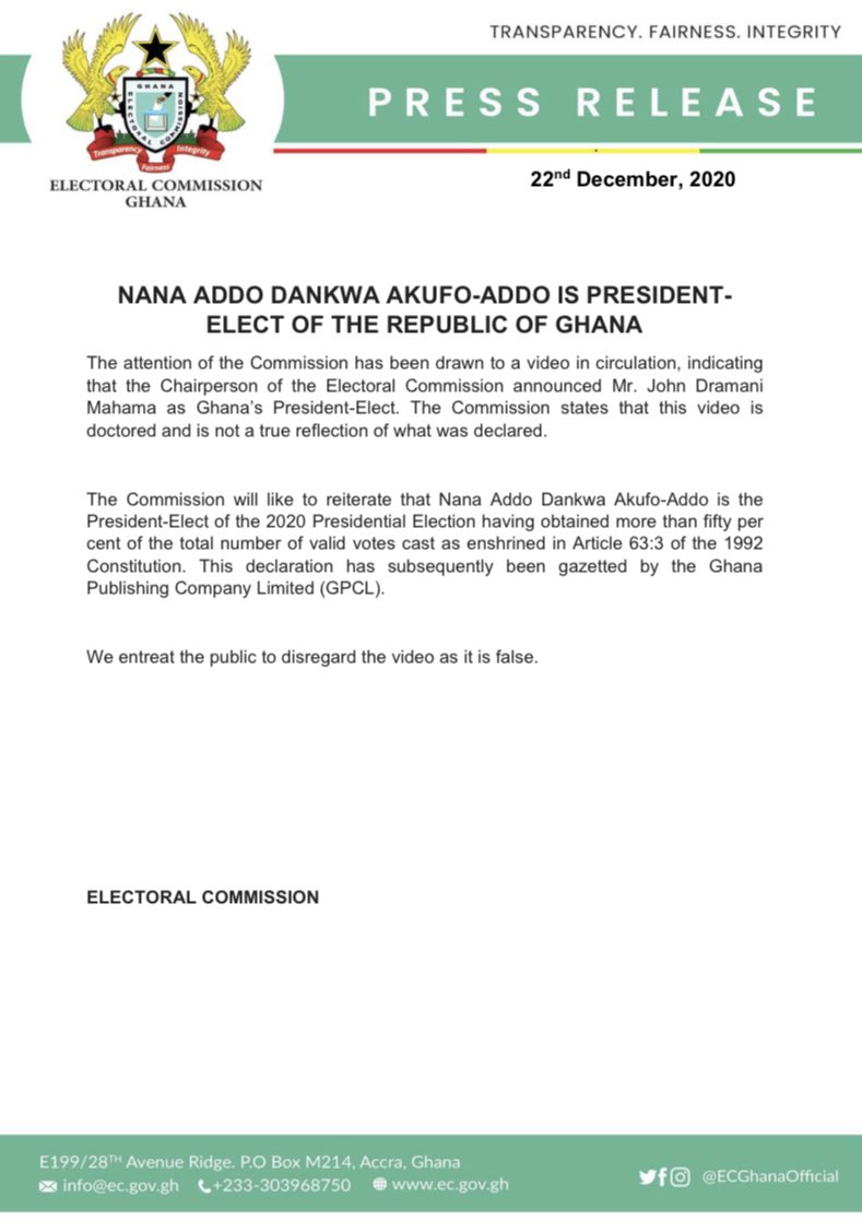 Nana Addo Dankwa Akufo-Addo is President-Elect of the Republic of Ghana