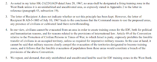 12/16  @Akevot located a legal opinion of the-then Military Advocate General Shamgar, forbidding the use of private Palestinian land, as well as the evacuation of civilian population for the benefit of military training and stating that the firing zone was declared illegally.