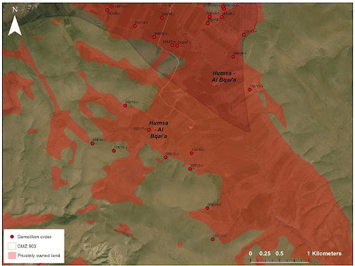 13/16 Despite Shamgar stating that IDF firing zones must be on uninhabited and uncultivated land, aerial photos from  @KNavot show that (right) in 1970 the area of Humsa is heavily cultivated and (left) that the area is recognized by Israel as private Palestinian land.
