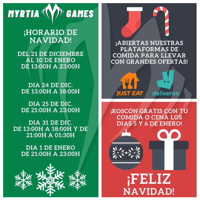 Ya tenemos disponible nuestro horario navideño pasará a ser de 13:00H A 23:00H (tanto en el local como nuestro servicio de comidas para llevar), a excepción de los siguientes días, que funcionaremos acorde a lo establecido por el gobierno.