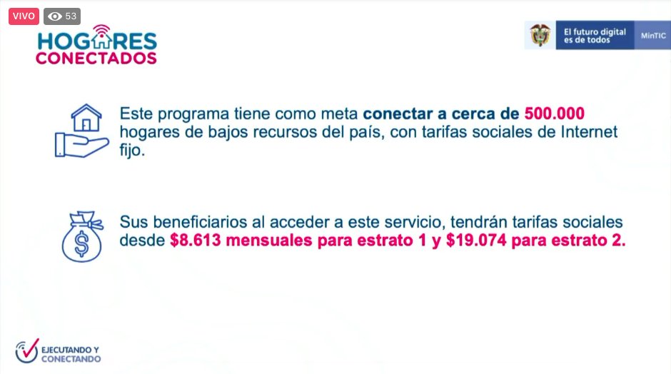 Ministerio_TIC's tweet photo. A través del programa #HogaresConectados, ya estamos beneficiando a más de 281 mil familias colombianas de estratos 1 y 2 quienes acceden al servicio de Internet fijo con tarifas sociales. ¡Seguimos trabajando para llegar a 500 mil! #ConectividadEsProgreso https://t.co/LpYPko2zan