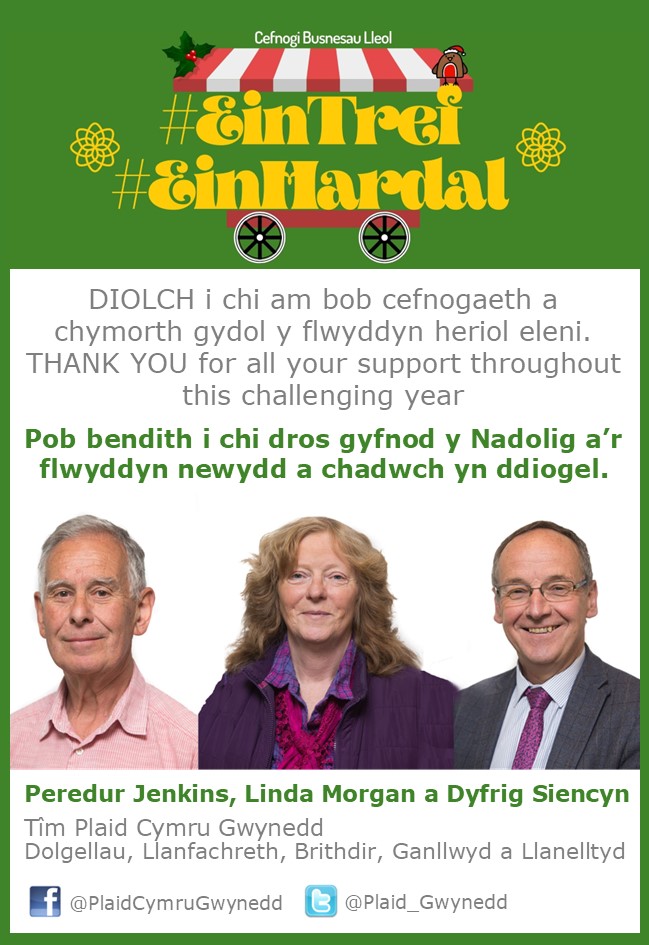 Plaid_Gwynedd's tweet photo. Cyfarchion y Tymor gan Peredur, Linda a Dyfrig 🤶🎅🎄
Councillors Peredur Jenkins, Linda Morgan and Dyfrig Siencyn wish you a safe and happy Christmas 🤶🎅🎄 #Cymuned #Gofal #Care
#Dolgellau
#Llanfachreth
#Brithdir
#Ganllwyd
#Llanelltyd https://t.co/hLdwljPope