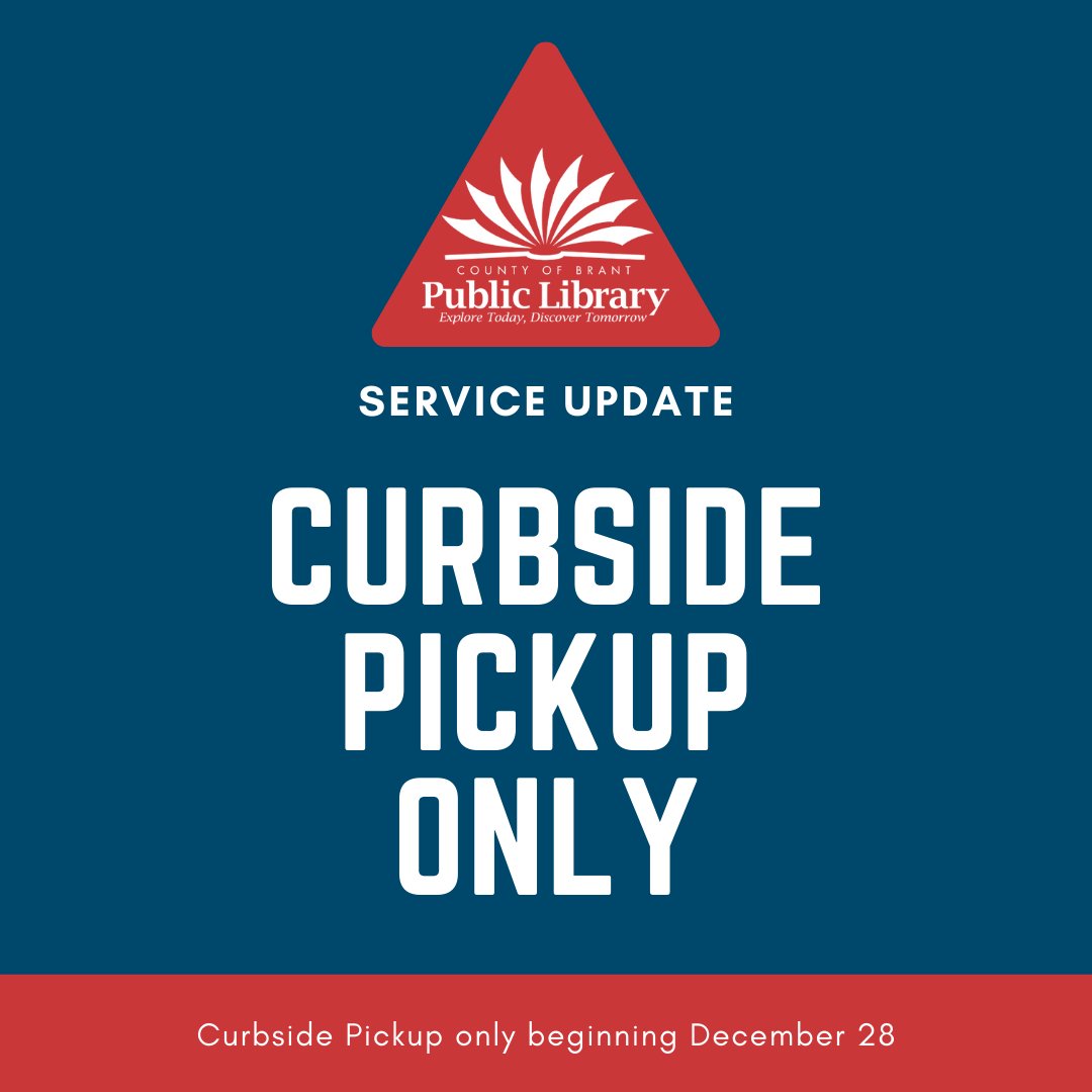 brantlibrary's tweet photo. Beginning Monday, December 28 all branches of #BrantLibrary will offer Curbside Pickup service only. Please visit https://t.co/8mFbg7zQQB for more information.
#StaySafe #LibraryLockdown #Brant https://t.co/AxGLBDxOa5