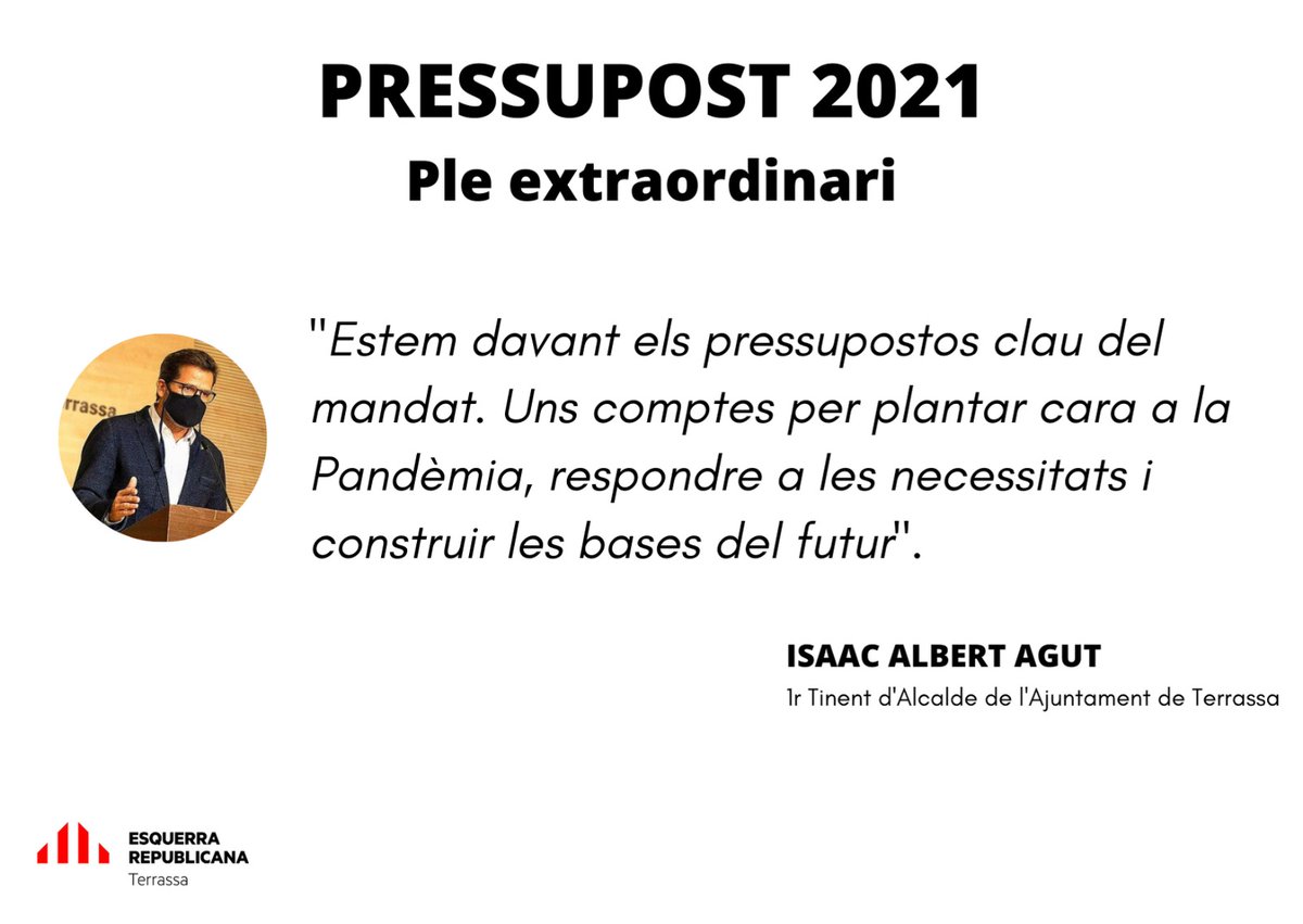 isaacalbert's tweet photo. Avui hem aprovat el pressupost de #terrassa per l'any 2021. Un pressupost únic, realista amb els recursos però ambiciós en els objectius, flexible davant el que pot venir i amb la voluntat de no deixar-nos guanyar per la pandèmia. (Fil 👇) https://t.co/8LJFleyXX1