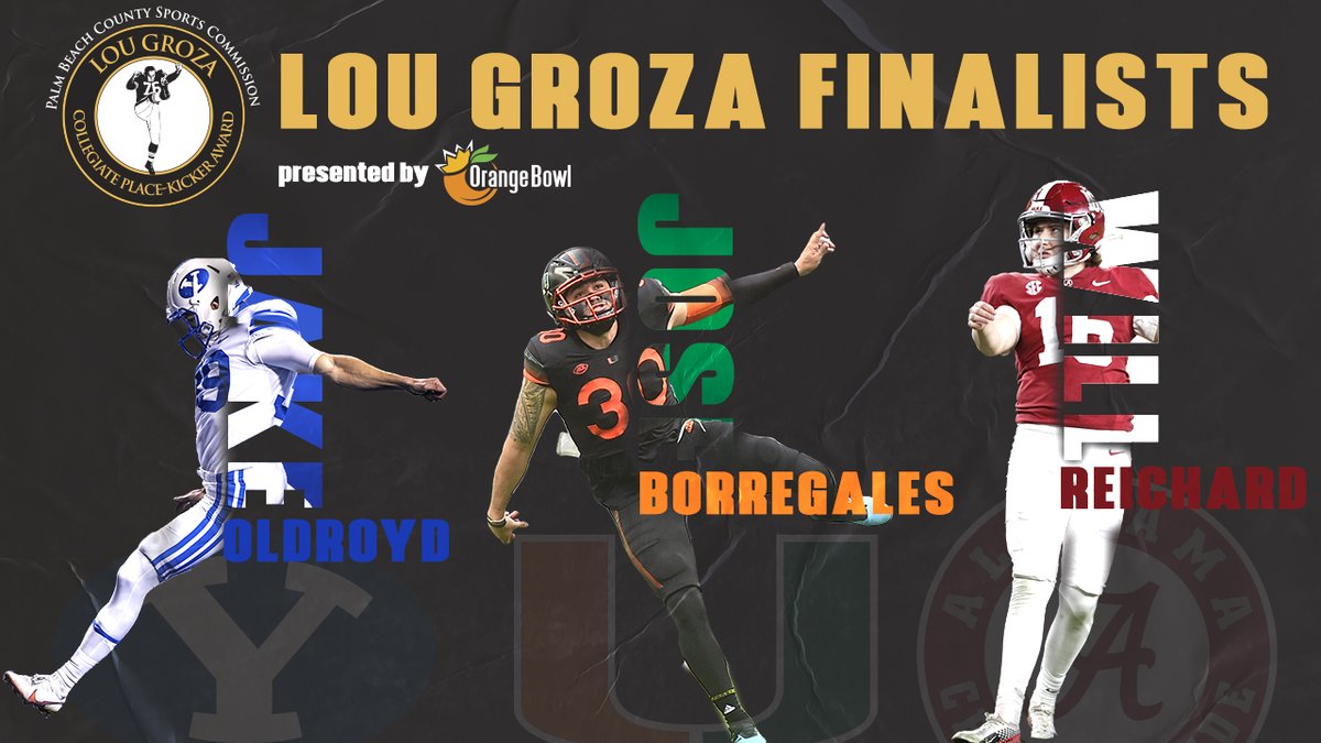 LouGrozaAward's tweet image. The 2020 Lou Groza Collegiate Place-Kicker Finalists are @F5_Jose - @CanesFootball , @JakeOldroyd39 - @BYUfootball , and @WillReichard - @AlabamaFTBL . Congratulations on an excellent year of kicking! 
Vote for your fave @ lougrozaaward.com/20finalists 
most fan votes = 1 ballot vote!