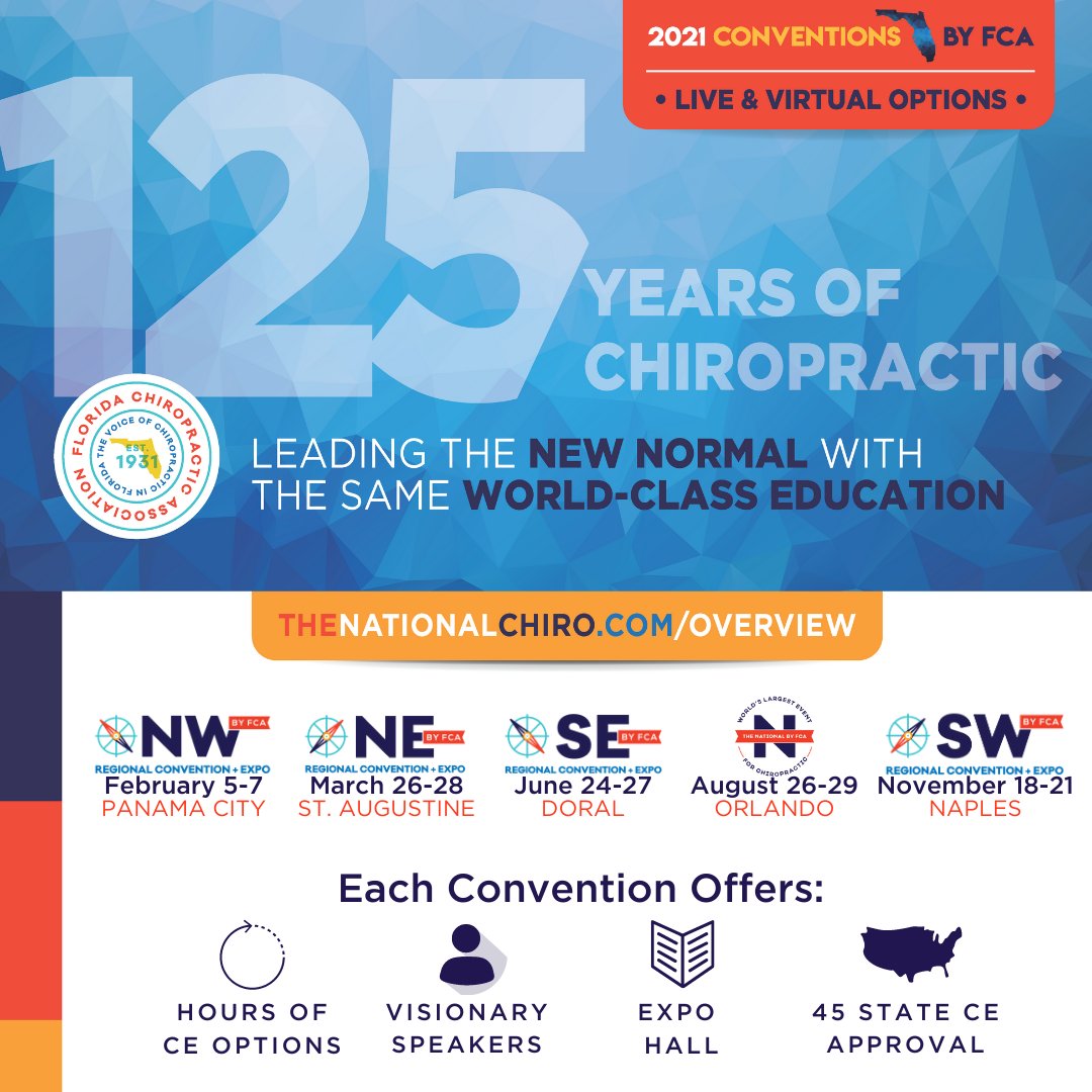 As you plan your professional development goals for 2021, mark your calendar for 1 of 5 CE opportunities we are offering. Each convention allows you to earn up to 20 CEs through keynote panels, breakout sessions and more. Join us in-person or virtually. TheNationalChiro.com/Overview