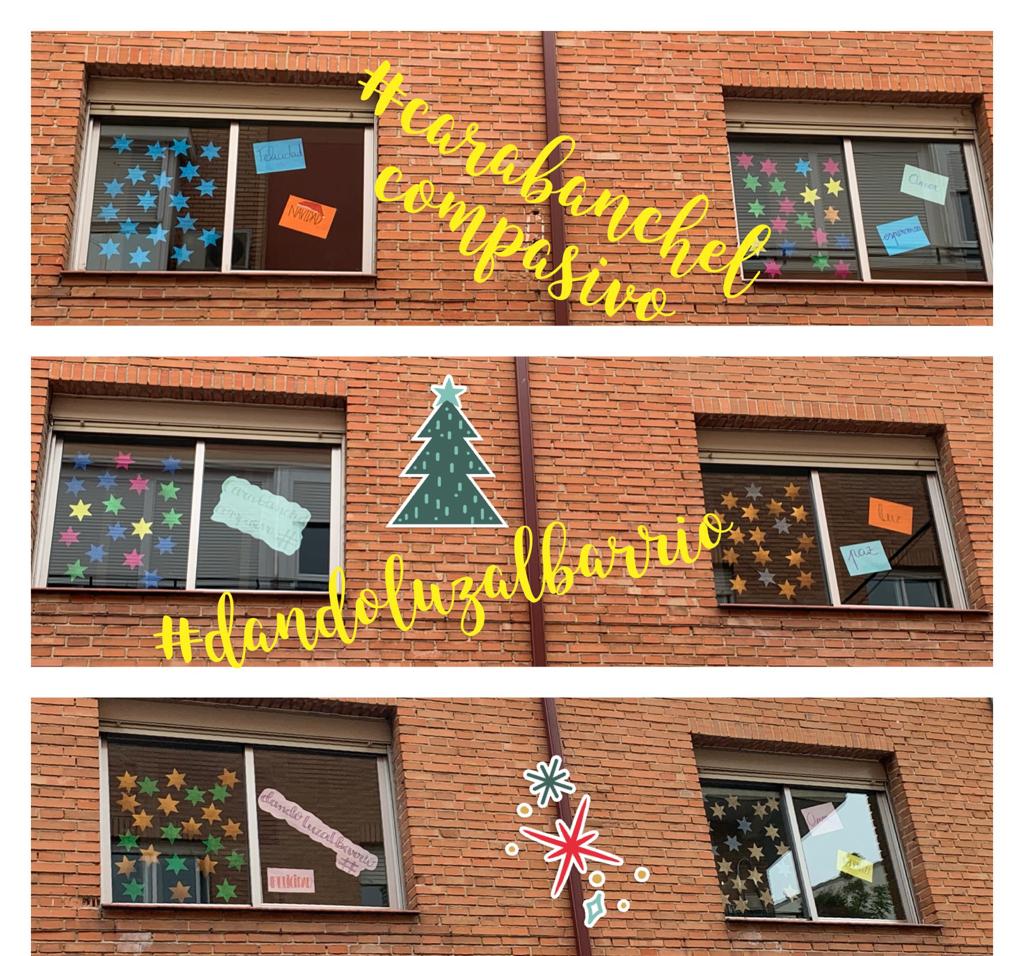StaMMicaela's tweet photo. Nos hemos unido al programa #dandoluzalbarrio #Carabanchelcompasivo llenando las ventanas de estrellas y mensajes de apoyo a las personas que han sufrido soledad, necesidad y pérdida este 2020. #AccionSocial https://t.co/Yh0E5CTV2p