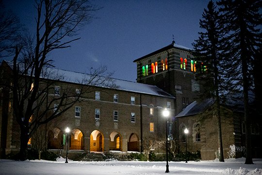 ClarksSummitU's tweet photo. Jackson Hall bell tower, all dressed up for Christmas. Plus one stanza from HW Longfellow's "Christmas Bells": 
Then pealed the bells more loud and deep:
"God is not dead, nor doth He sleep;
    The Wrong shall fail,
    The Right prevail,
With peace on earth, good-will to men." https://t.co/UMllcVpeVz