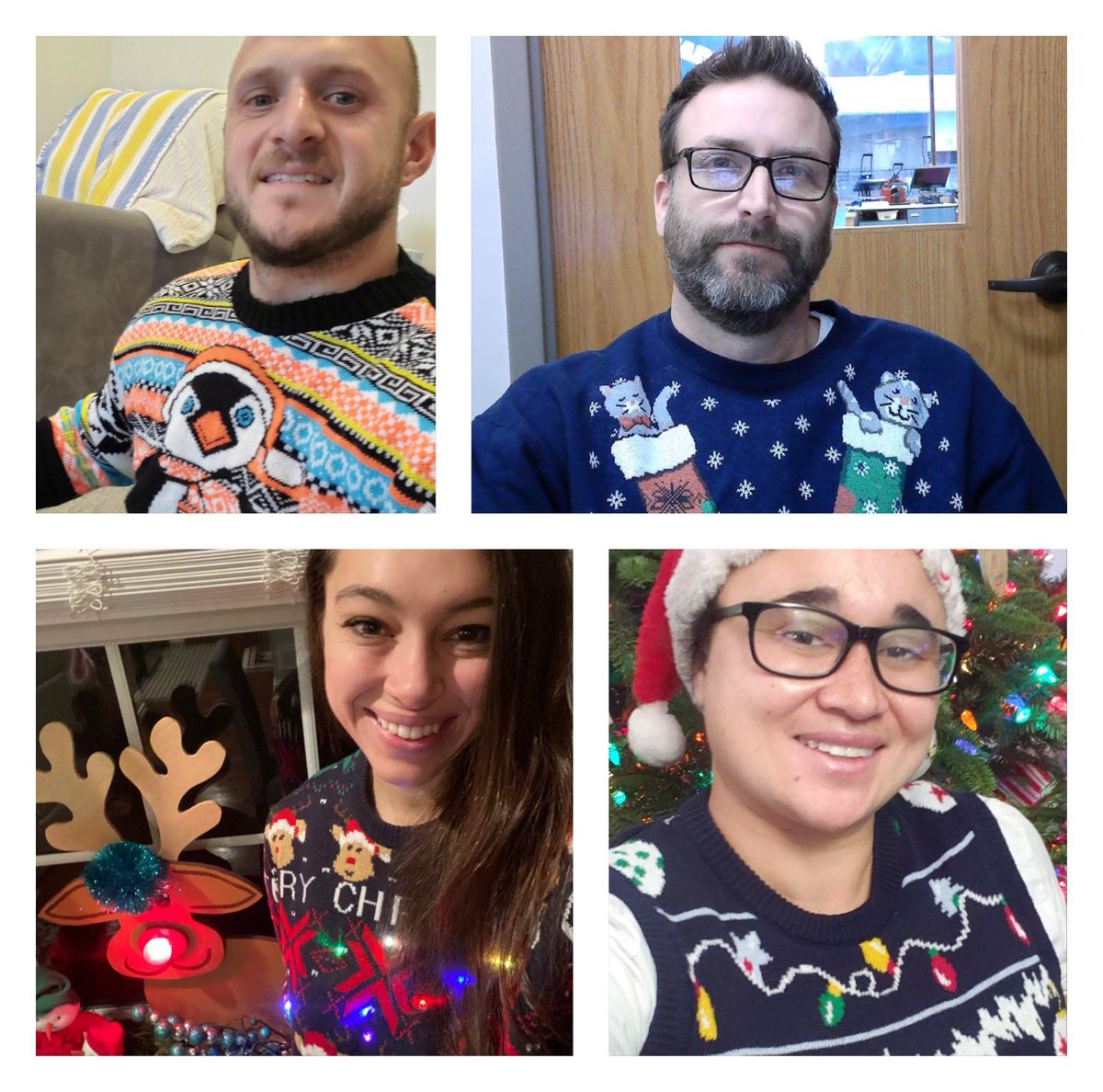 CouncilTms's tweet photo. Mr. West, Mr. Higgins, Mrs. Helinski, and Mrs. Stanton love TMS Ugly Sweater Day! https://t.co/bMRCcF4Yc3