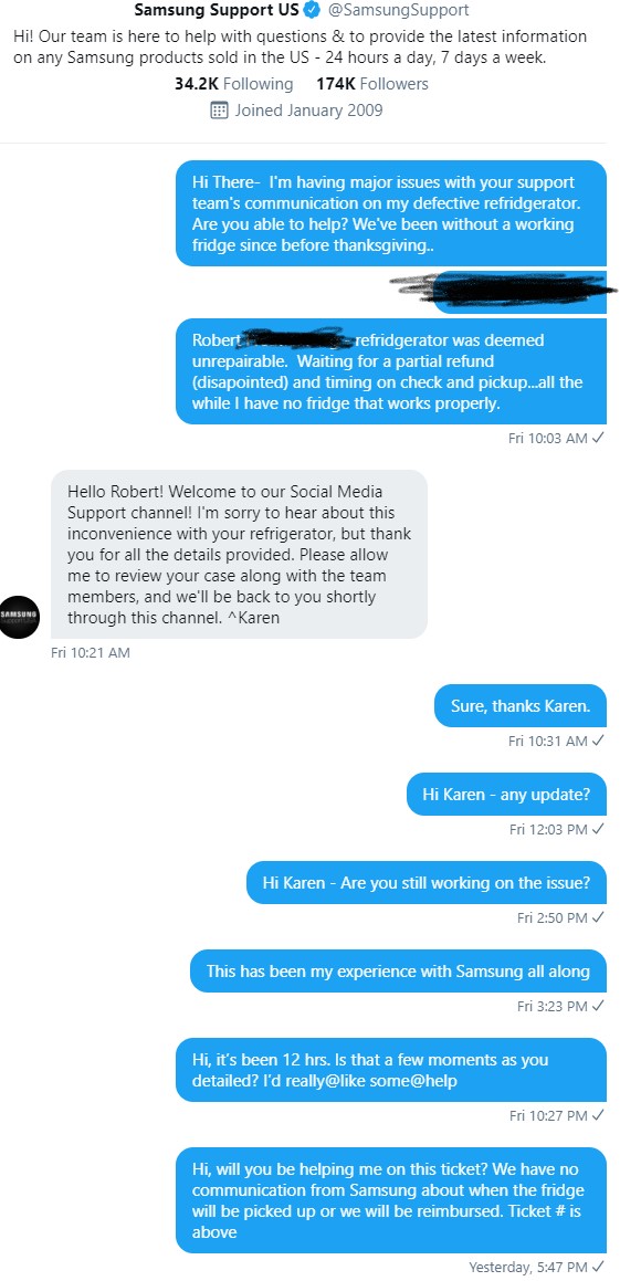 rfreuden's tweet photo. @SamsungSupport - Your team is non communicative.  Can you please get back to us? Does your warranty coverage have meaning? This has been a very poor customer service experience. https://t.co/hdClI8H6KK