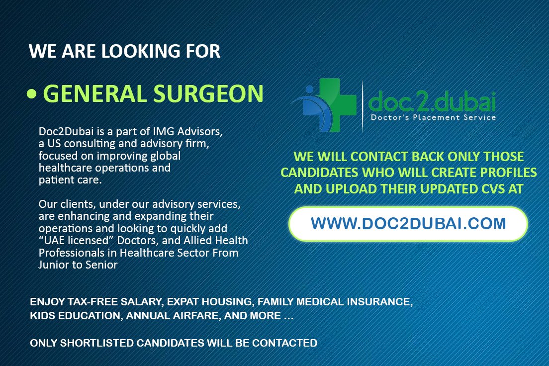 We are looking for General Surgeon
APPLY NOW: doc2dubai.com

#GeneralSurgeon #Surgeon #hiring #job #recruitment #Recruiting #staffing #hospitals #doctors #nurses #AHPs #Dubai #AbuDhabi #Sharjah #Doc2dubai