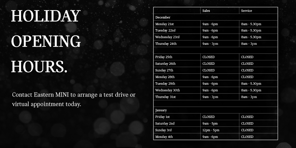 EasternMini's tweet image. HOLIDAY OPENING HOURS...

easternwestern.co.uk/mini

#EasternMINI #MINI #HolidayOpeningHours #FestiveSeason